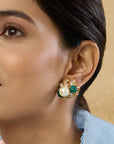 Kundan Pearl Emerald Gold Stud Earrings
