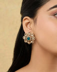 Aqua Kundan Polki Gold Stud Earrings