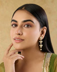 Long Floral Kundan Gold Earrings