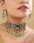 Emerald Green Kundan Gold Necklace Set