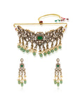Emerald Green Kundan Gold Necklace Set