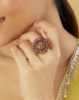 Multicolour Temple Statement Gold Ring