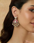 Red Enamel Kundan Polki Gold Chandelier Earrings