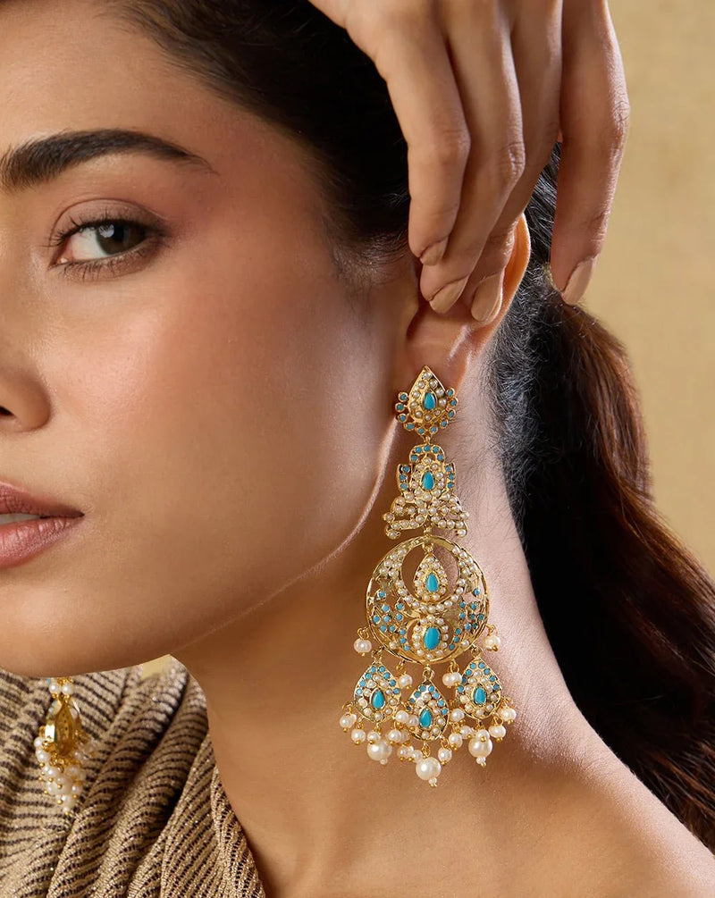 Jadau Blue Gold Chandelier Earrings