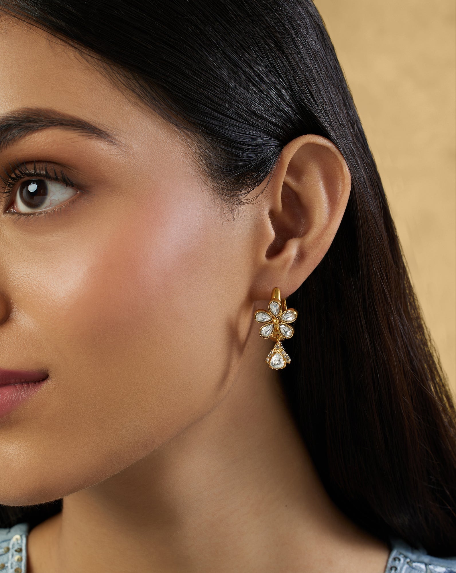 Floral Kundan Gold Dangler Earrings