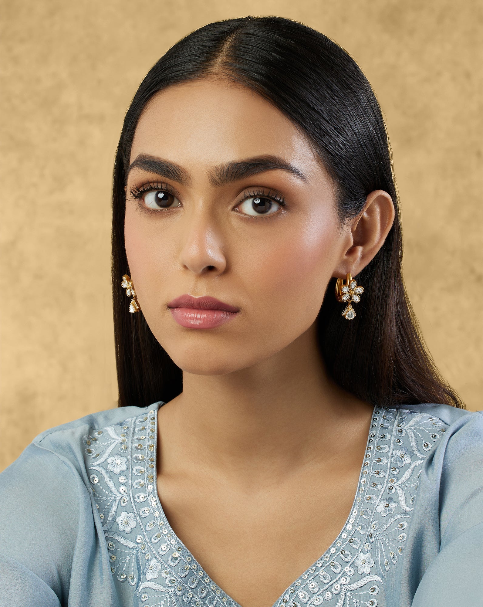 Floral Kundan Gold Dangler Earrings