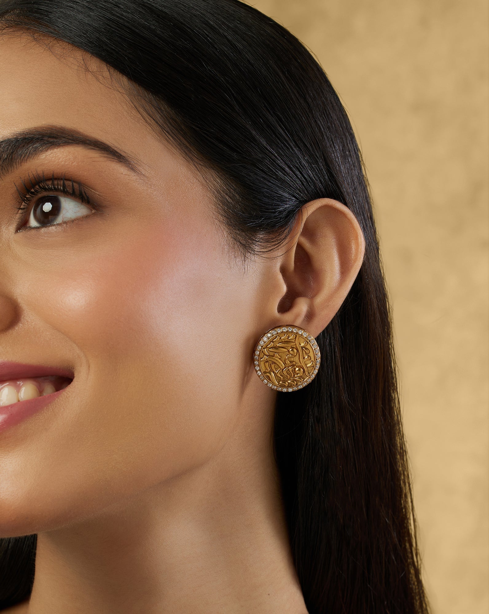 Temple Coin Gold Stud Earrings