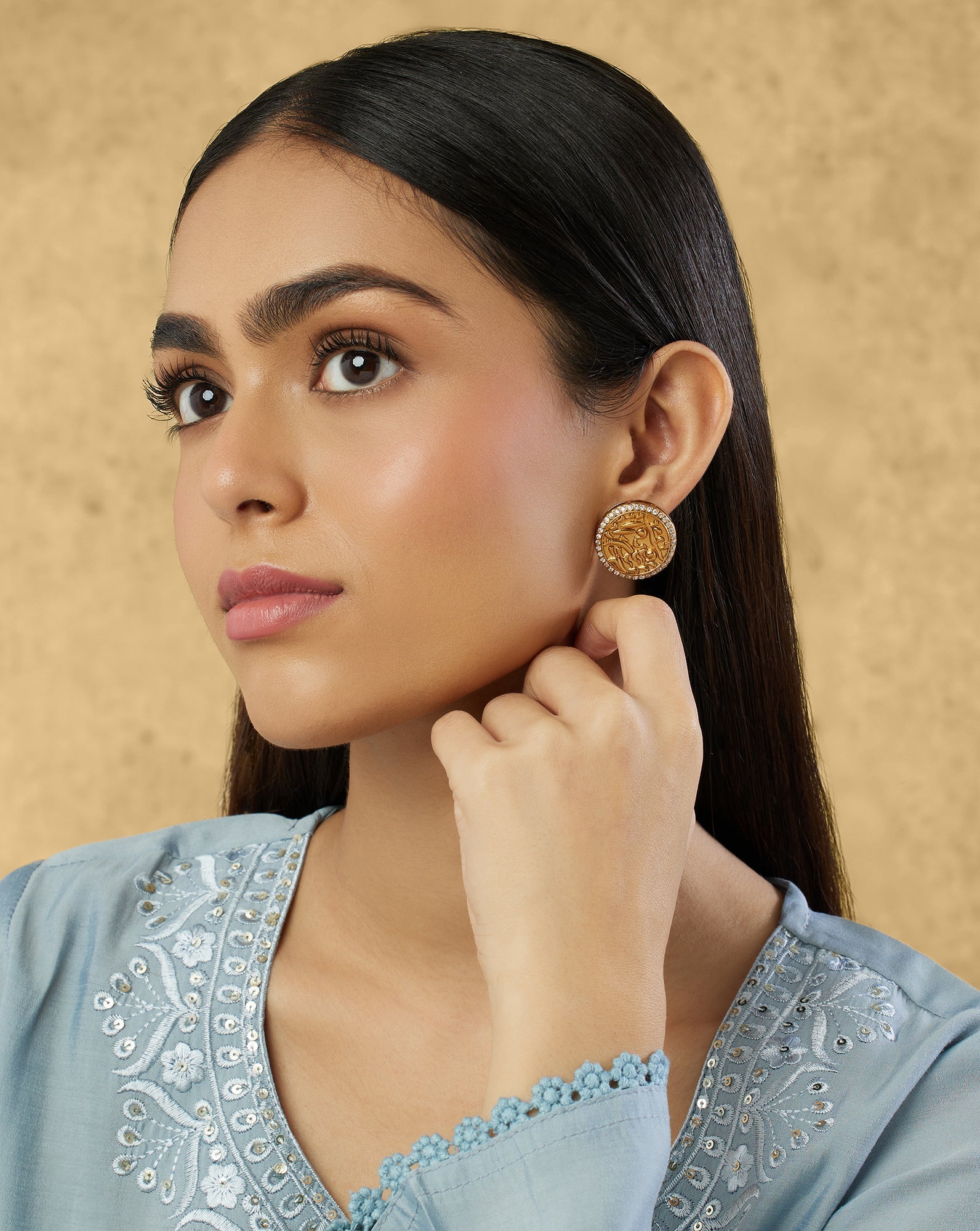 Temple Coin Gold Stud Earrings