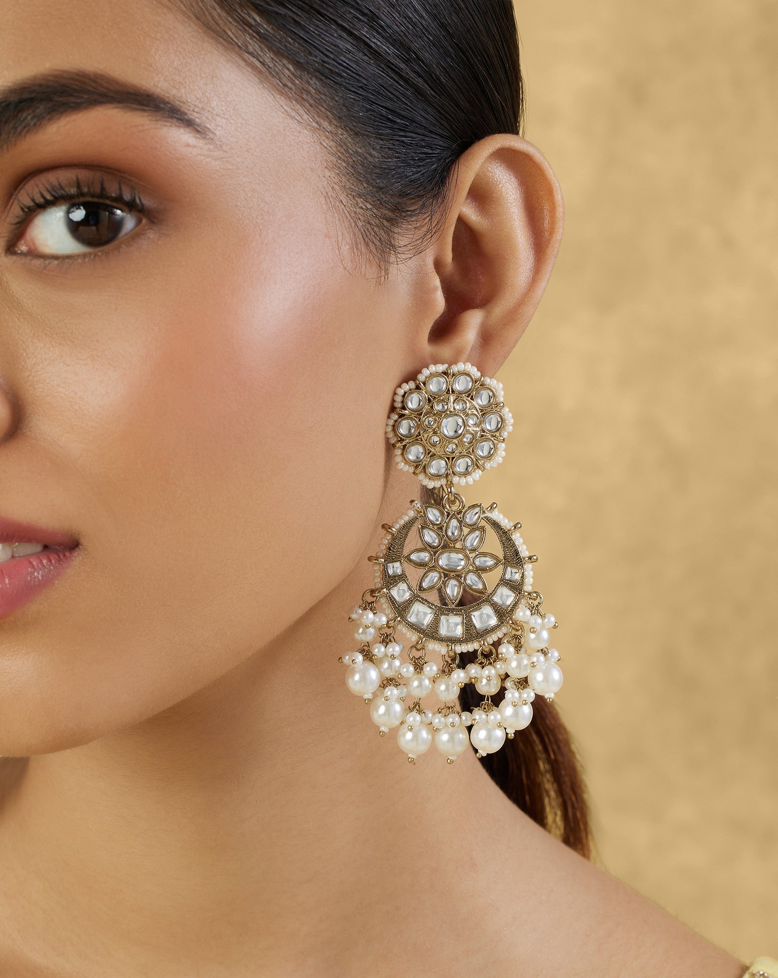 Kundan Statement Gold Chaandbaali Earrings