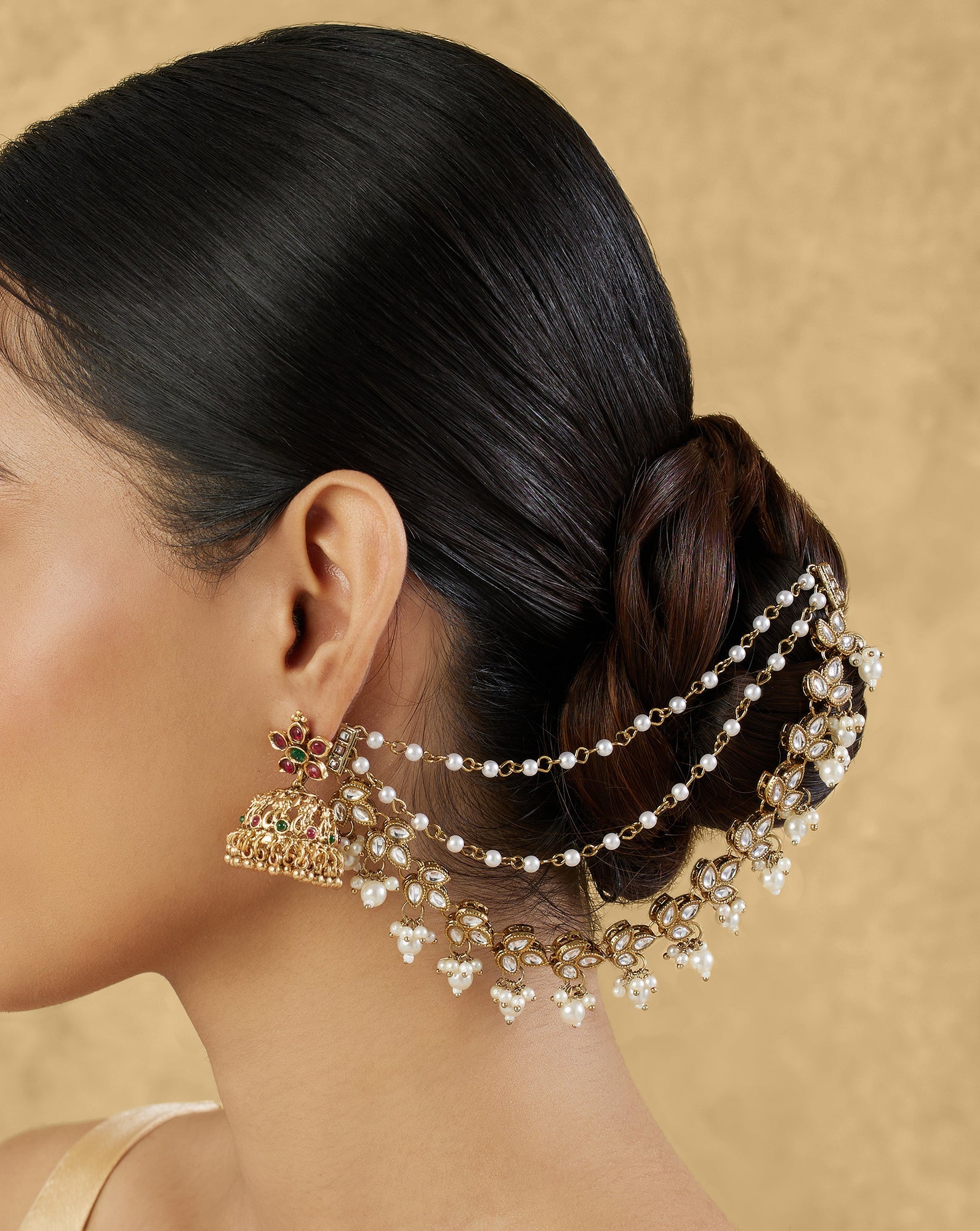 Kundan Gold Pearl Ear Chains