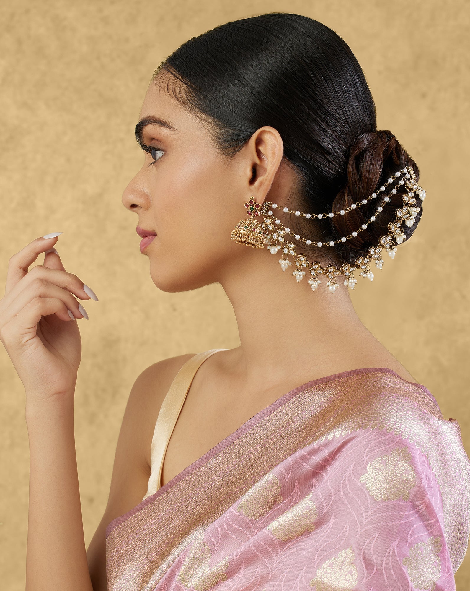 Kundan Gold Pearl Ear Chains