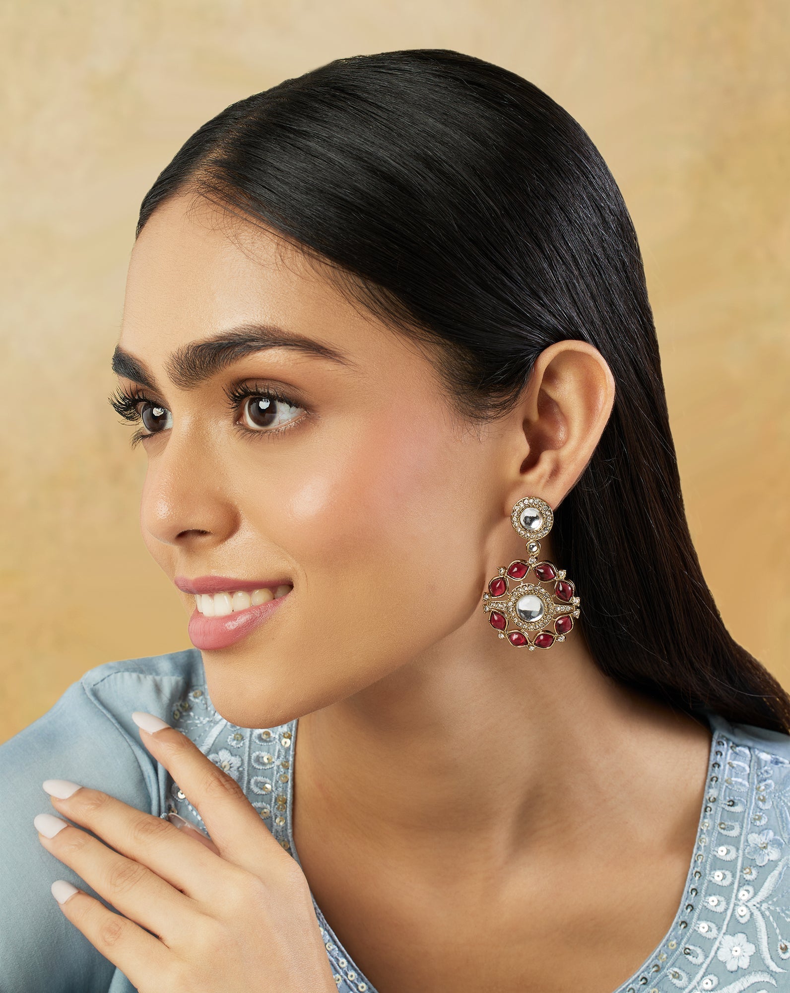 Floral Kundan Gold Statement Danglers