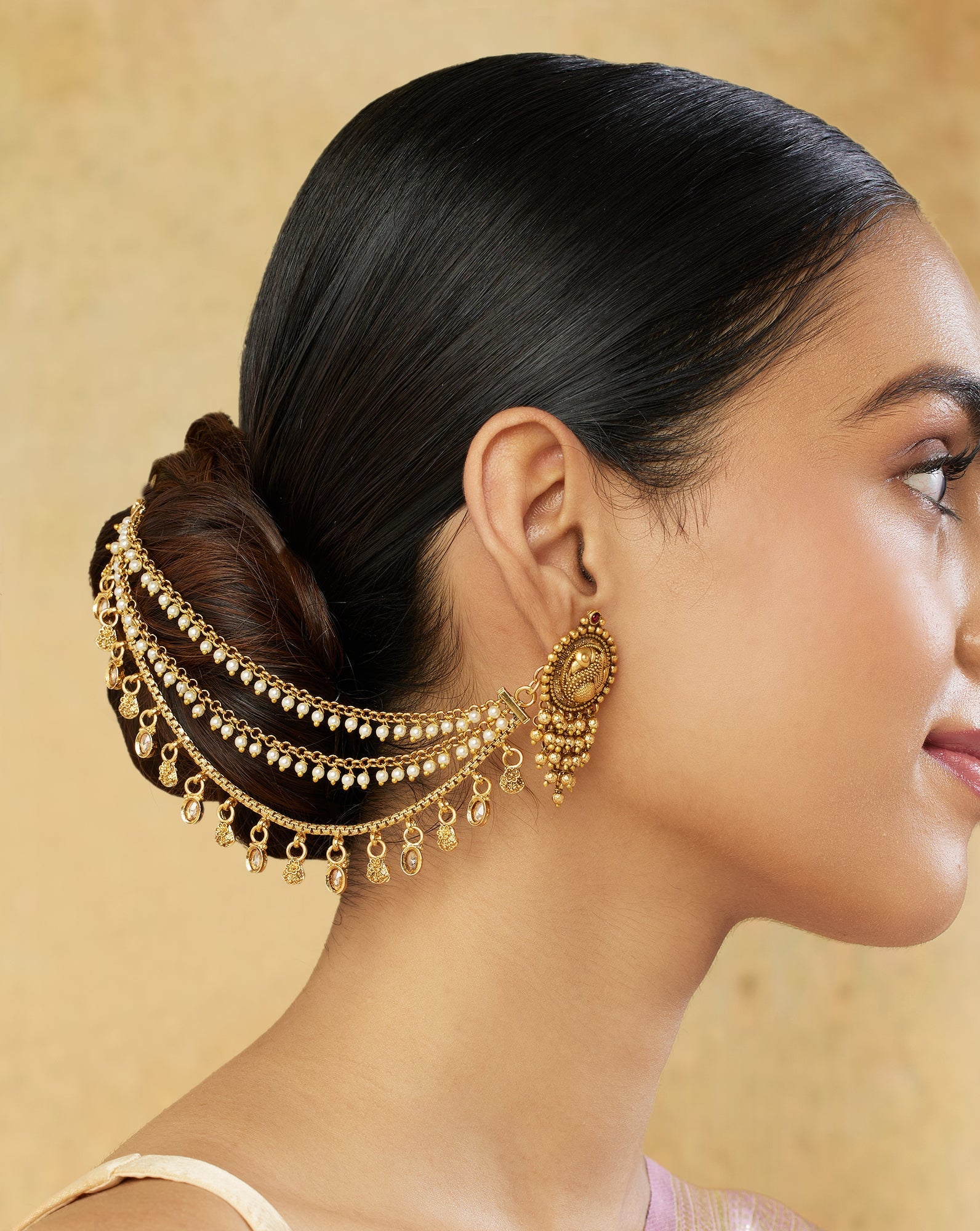 Gold Pearl Temple Ear Chains