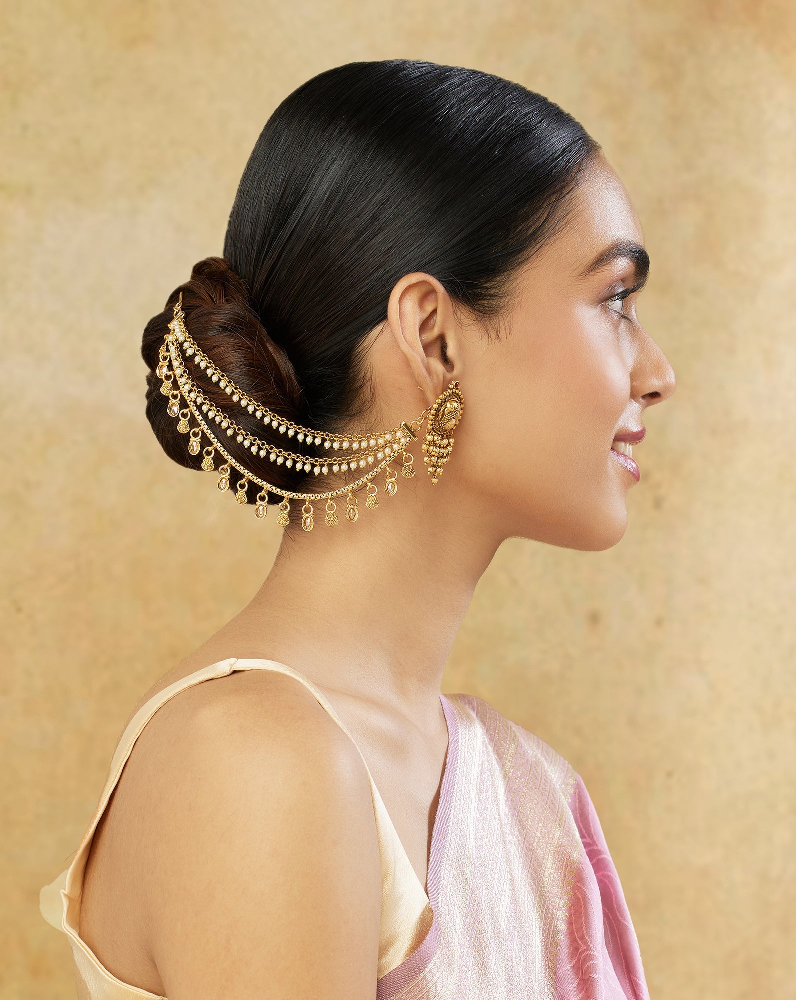 Gold Pearl Temple Ear Chains