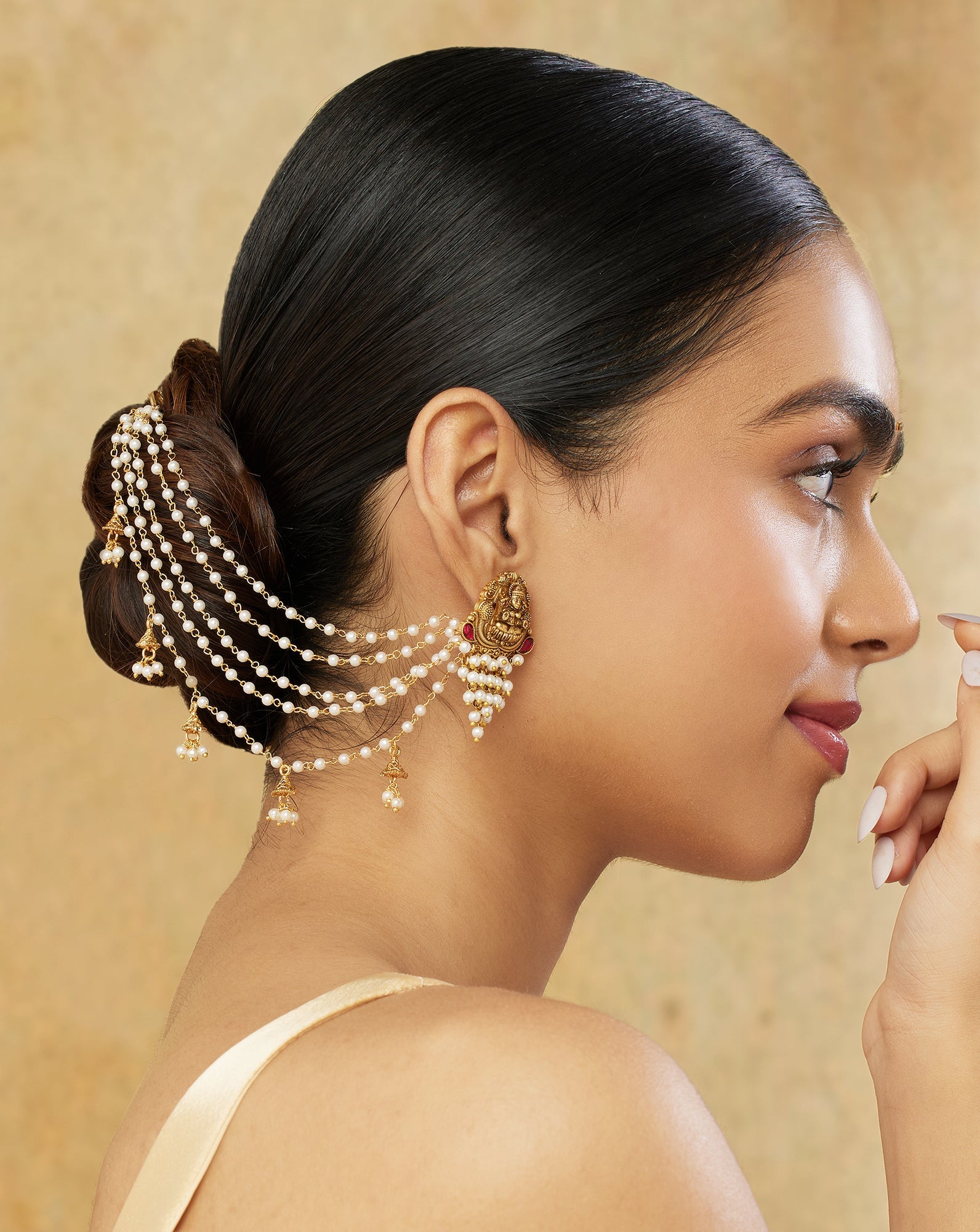 Pearl Temple Jhumki Gold Ear Chains