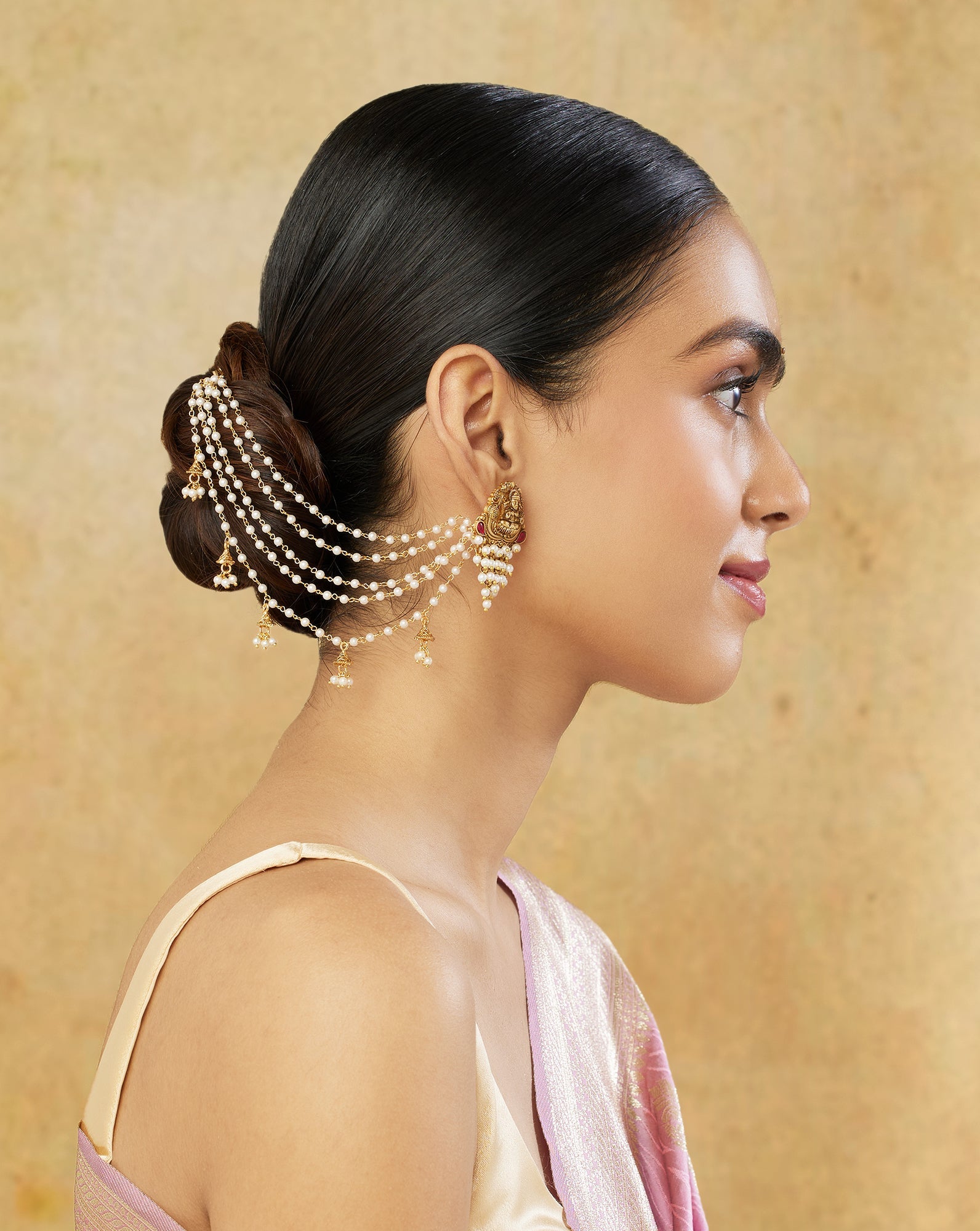 Pearl Temple Jhumki Gold Ear Chains
