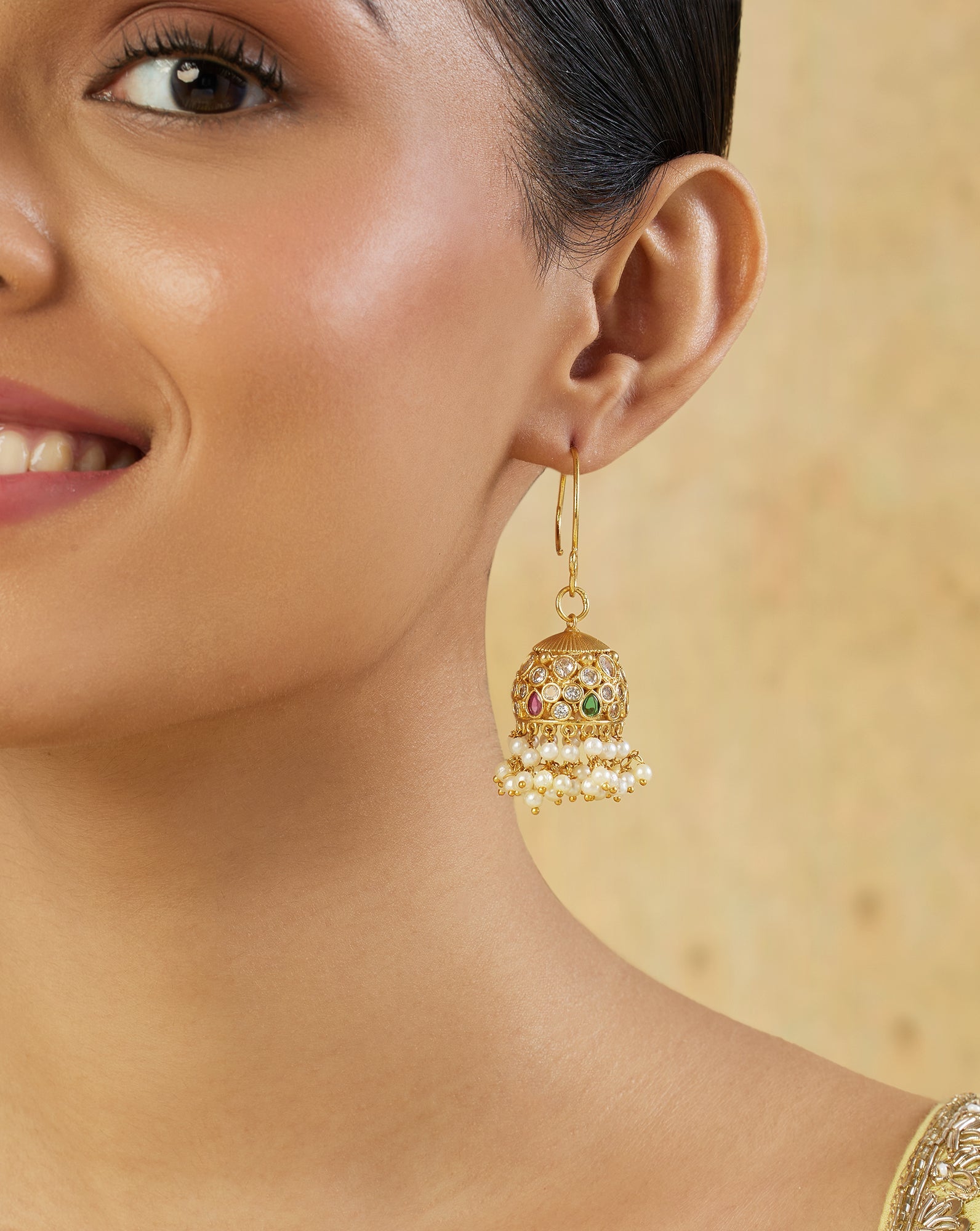 Pearl Temple Gold Jhumkas