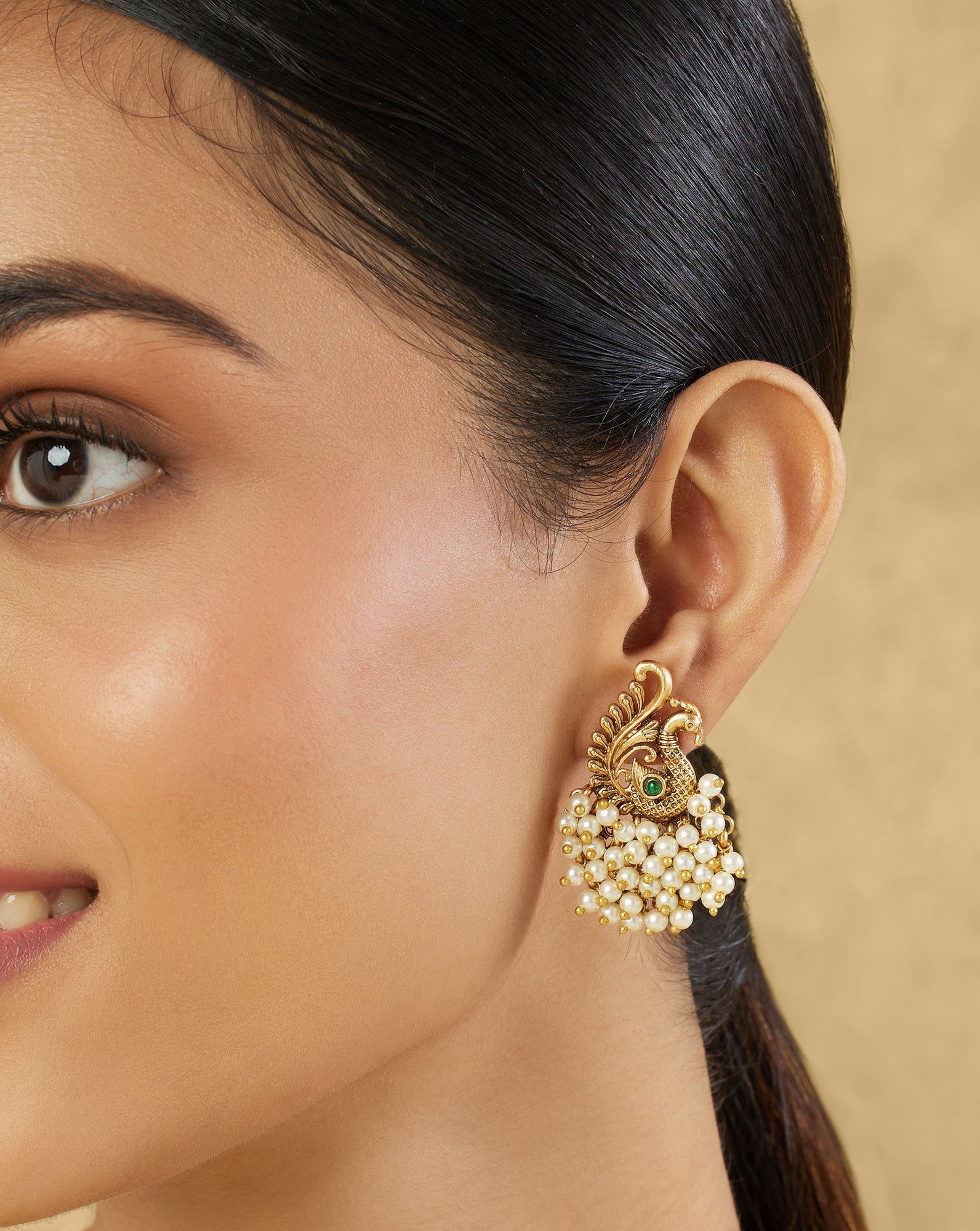 Swan Pearl Gold Temple Statement Studs