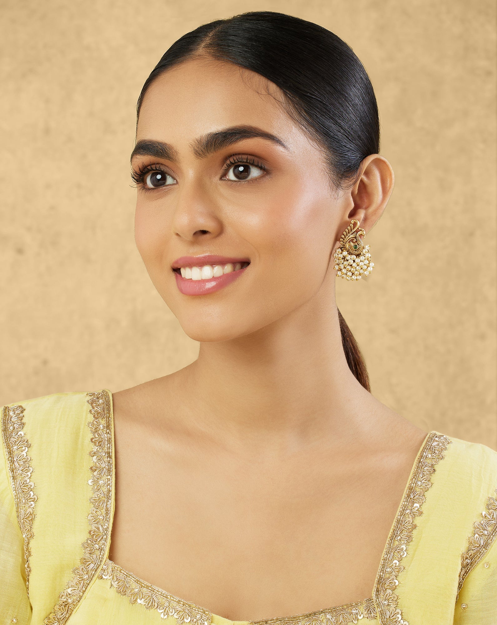 Swan Pearl Gold Temple Statement Studs