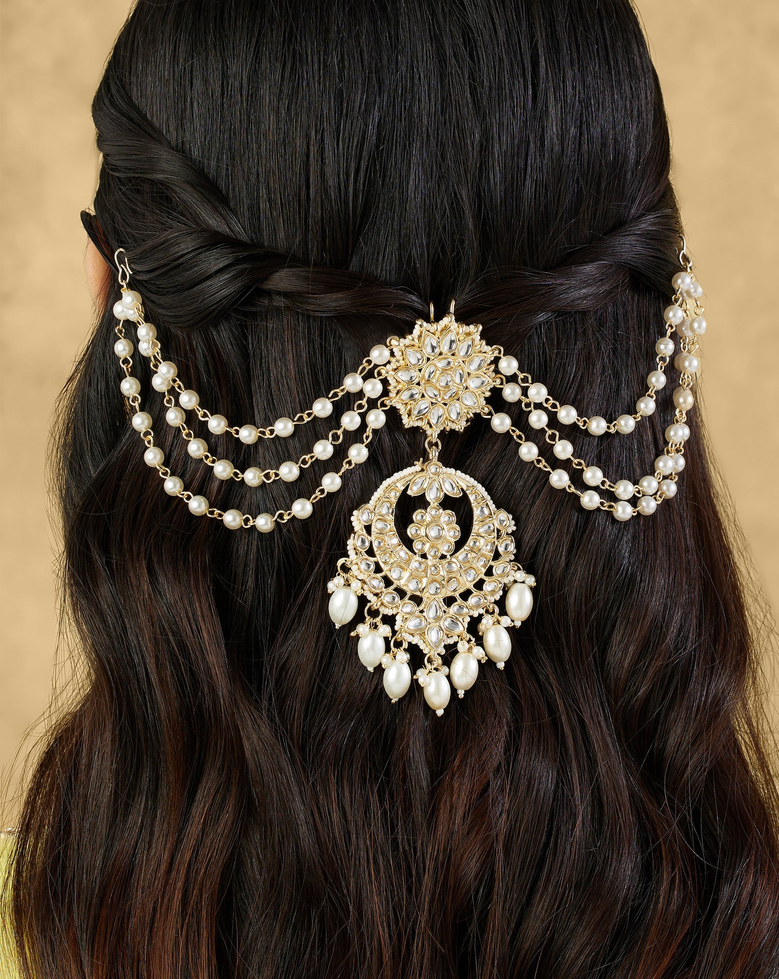 Kundan Gold Pearl Hair Brooch
