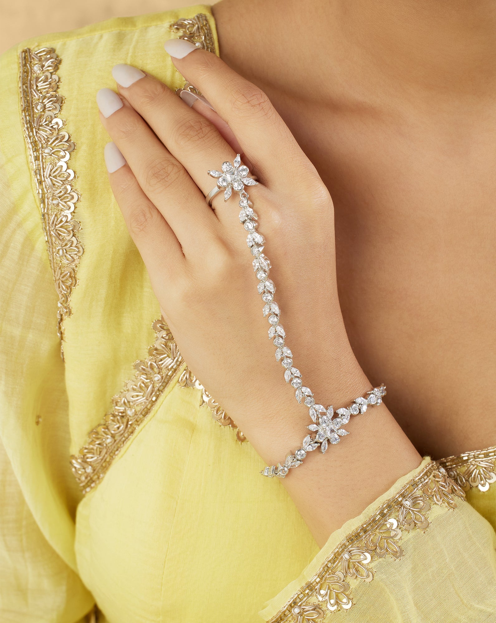 Floral Zircon Silver Haath Phool