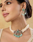 Turquoise Kundan Polki Choker Necklace Set