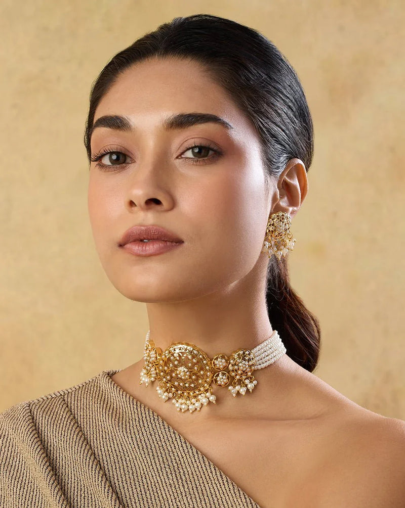 Jadau Classic Pearl Gold Choker Necklace Set