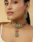 Kundan Polki Pink Mint Gold Necklace Set