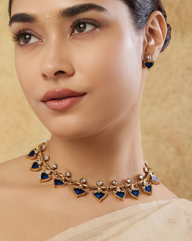 Temple Blue Antique Gold Polish Enamel Necklace Set