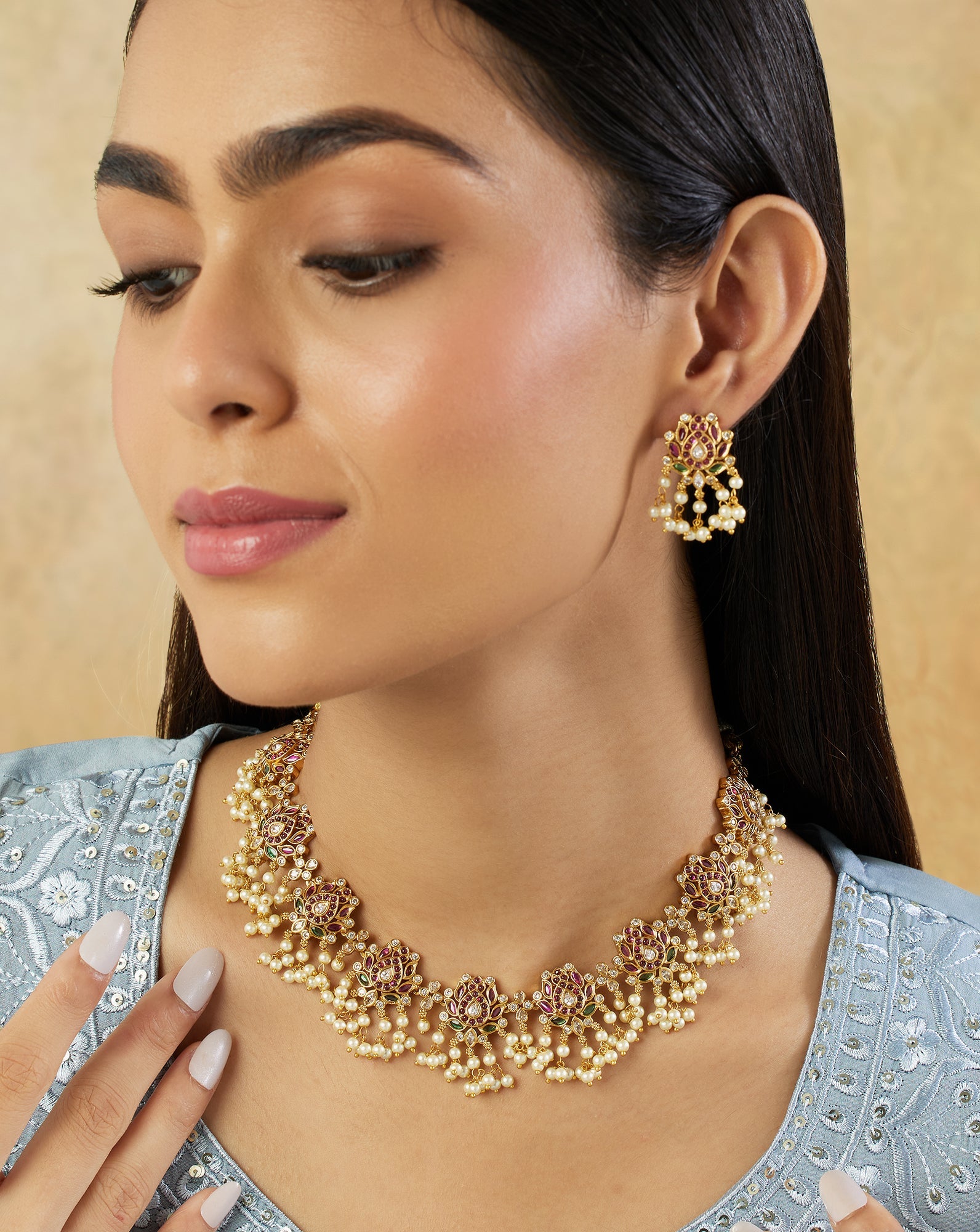 Ruby Pearl Temple Gold Necklace Set