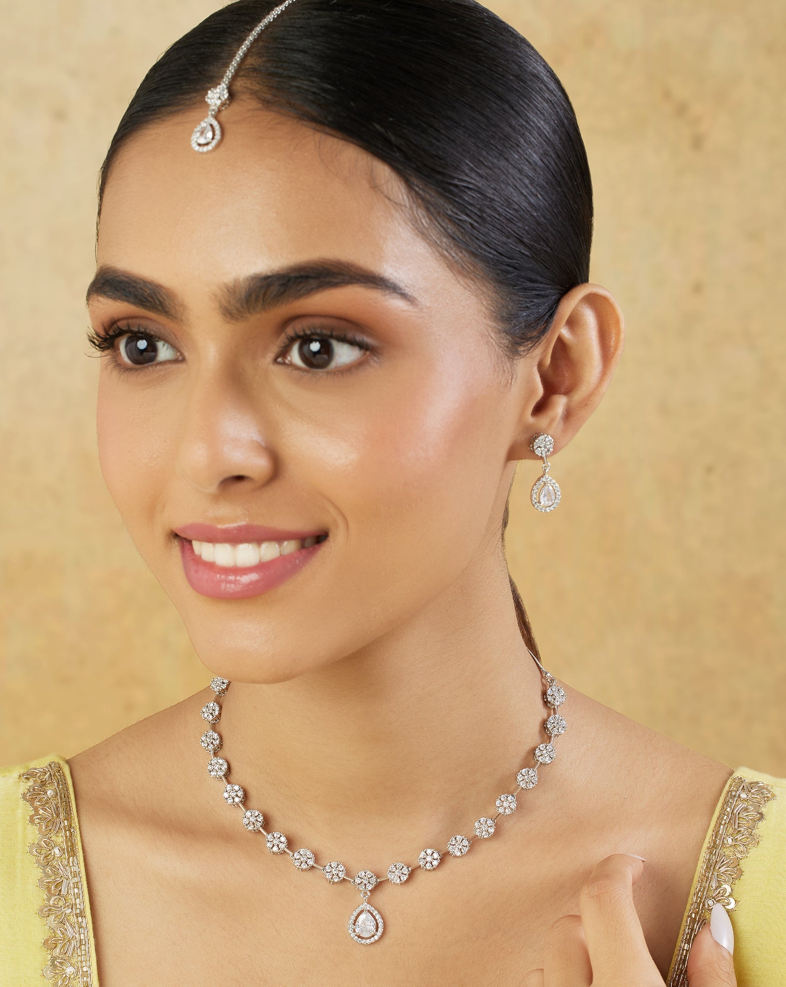 Floral Zircon Silver Necklace Set