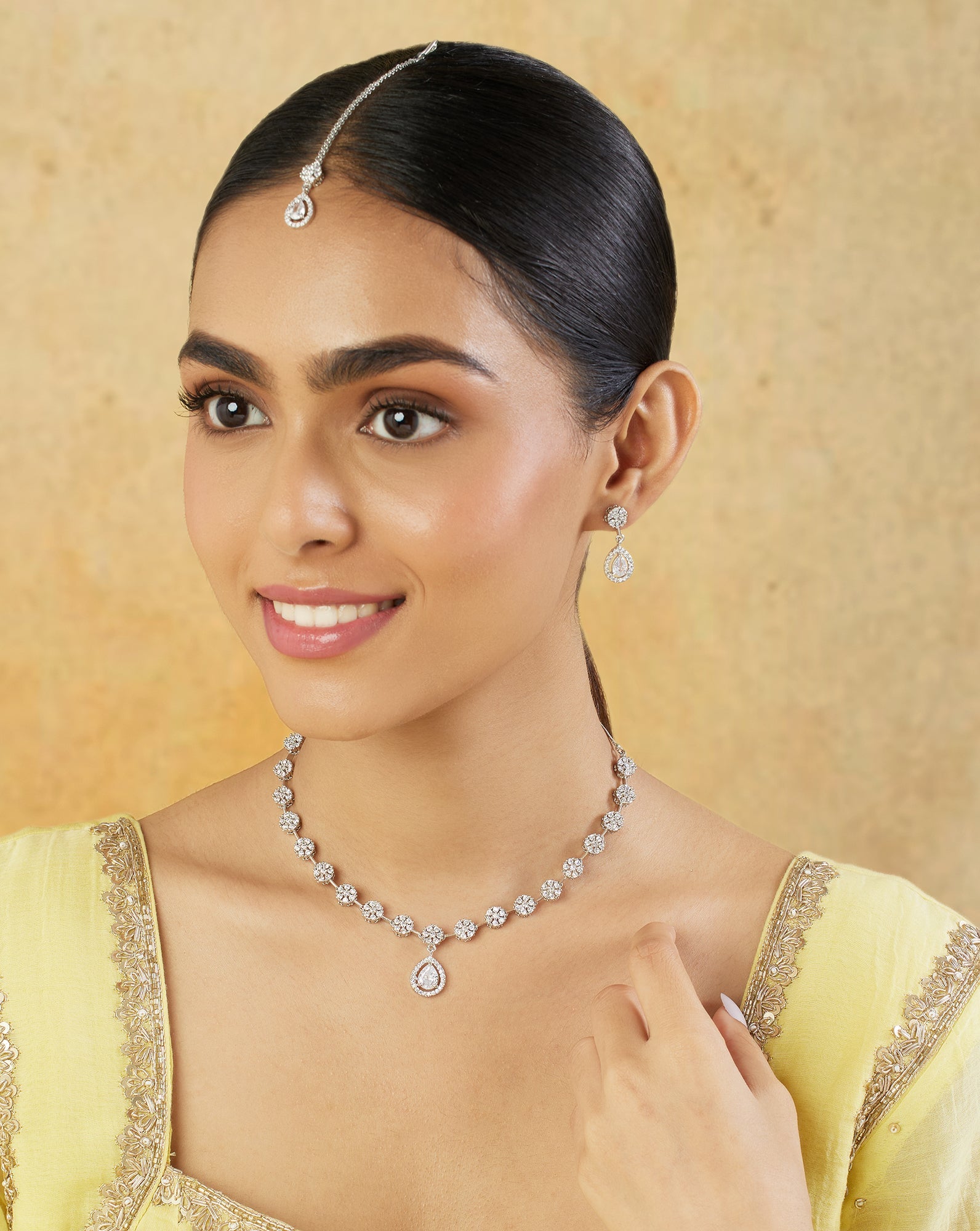 Floral Zircon Silver Necklace Set