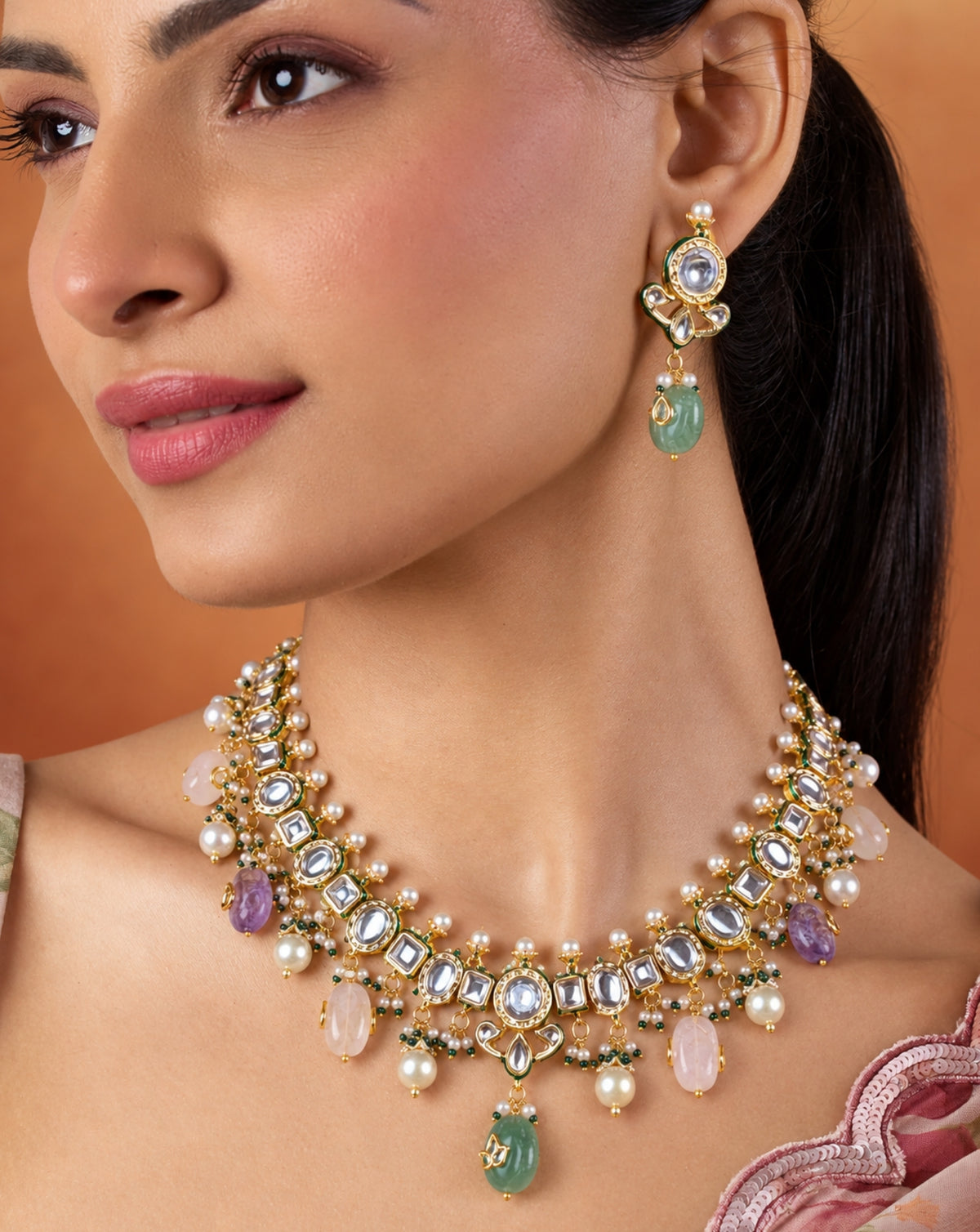 Kundan Pearl Collar Necklace Set