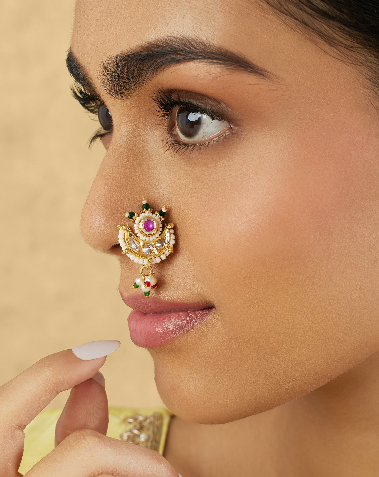 Chanderi Temple Pearl Gold Nose Ring