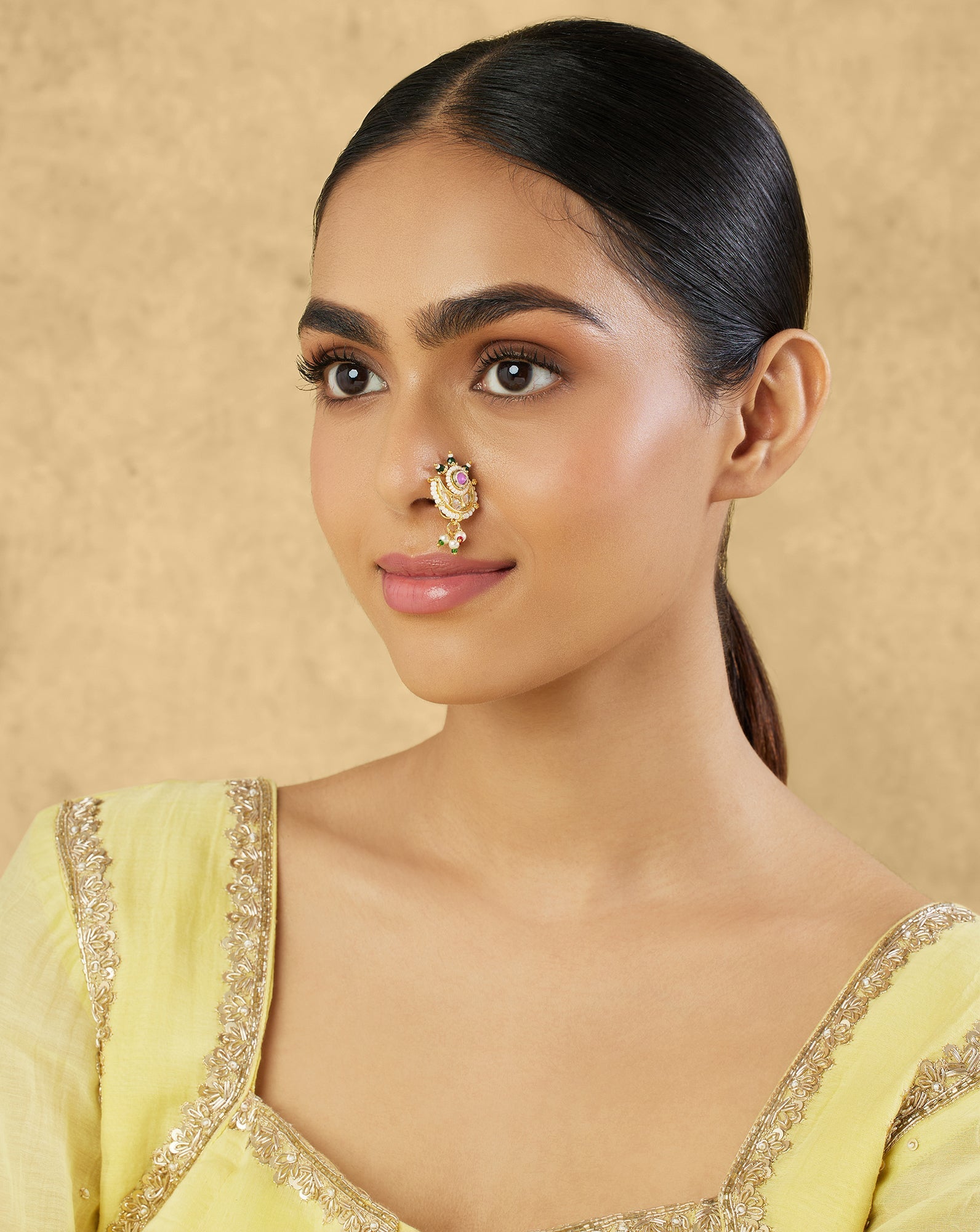Chanderi Temple Pearl Gold Nose Ring