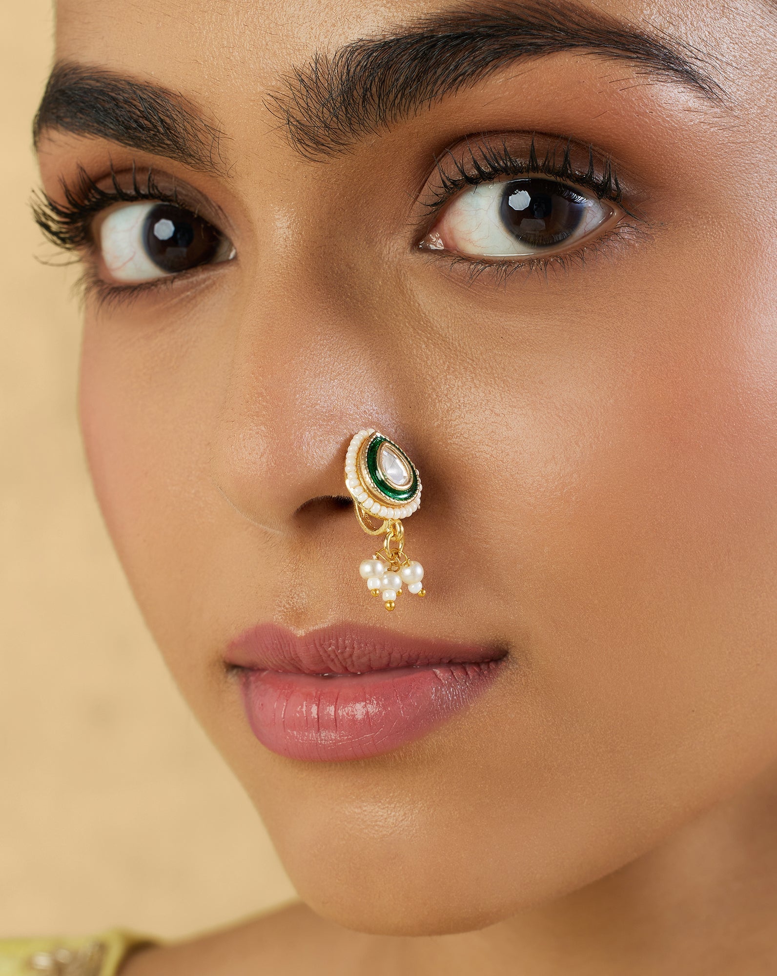 Green Gold Kundan Nose Ring