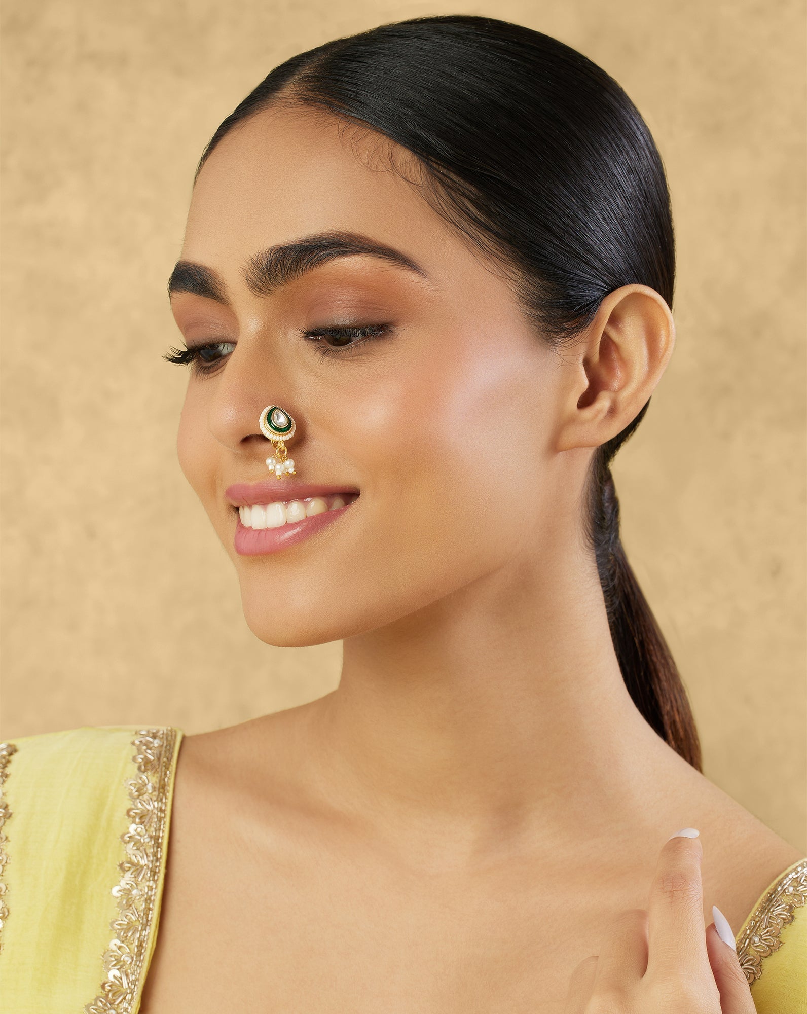 Green Gold Kundan Nose Ring