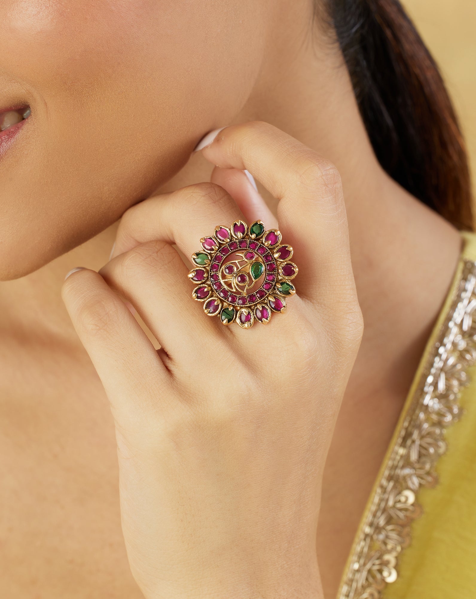 Multicolour Temple Statement Gold Ring