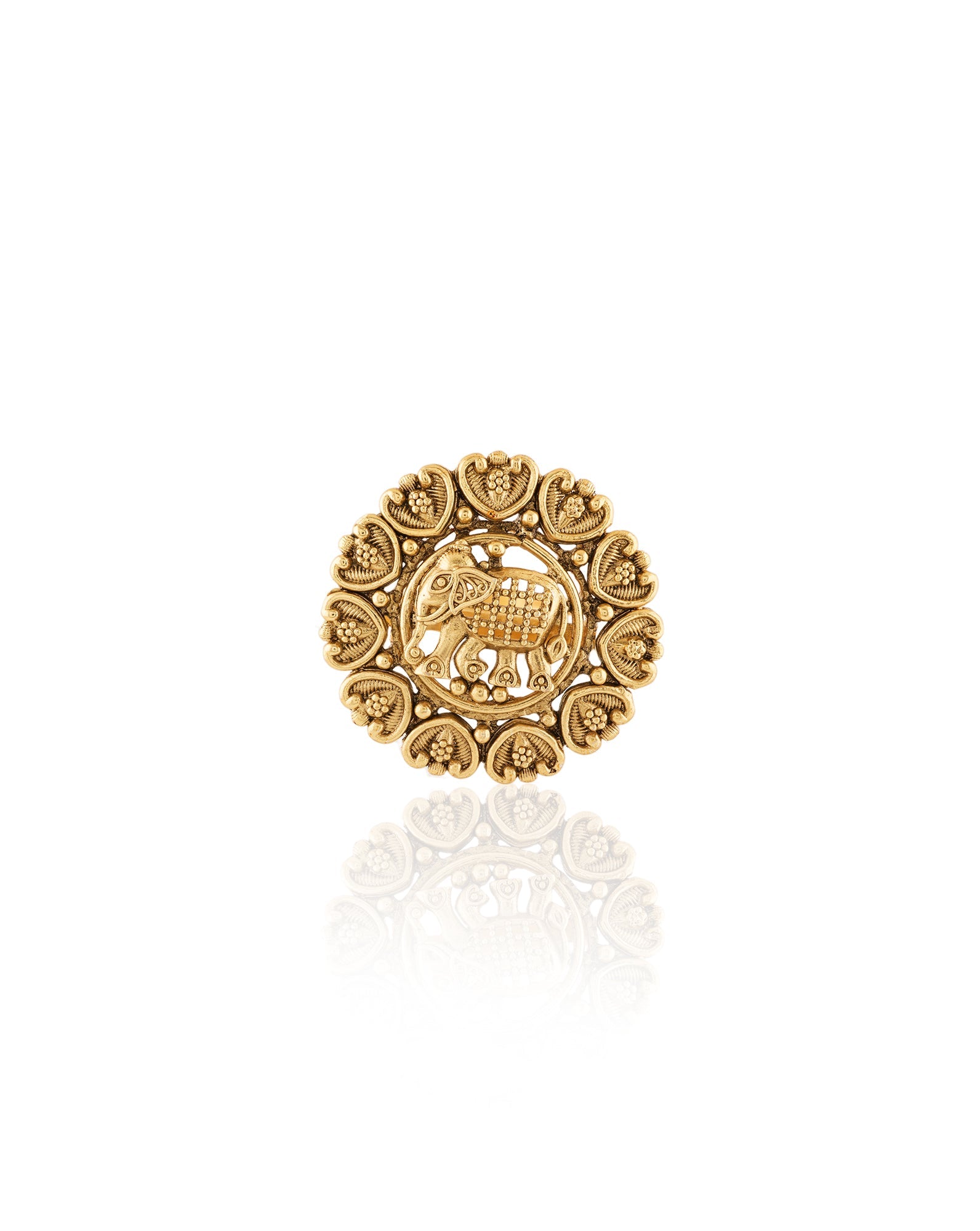 Gold Elephant Temple Statement Ring