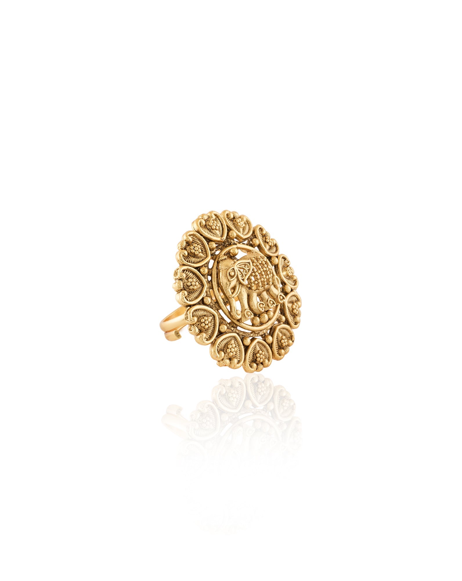 Gold Elephant Temple Statement Ring