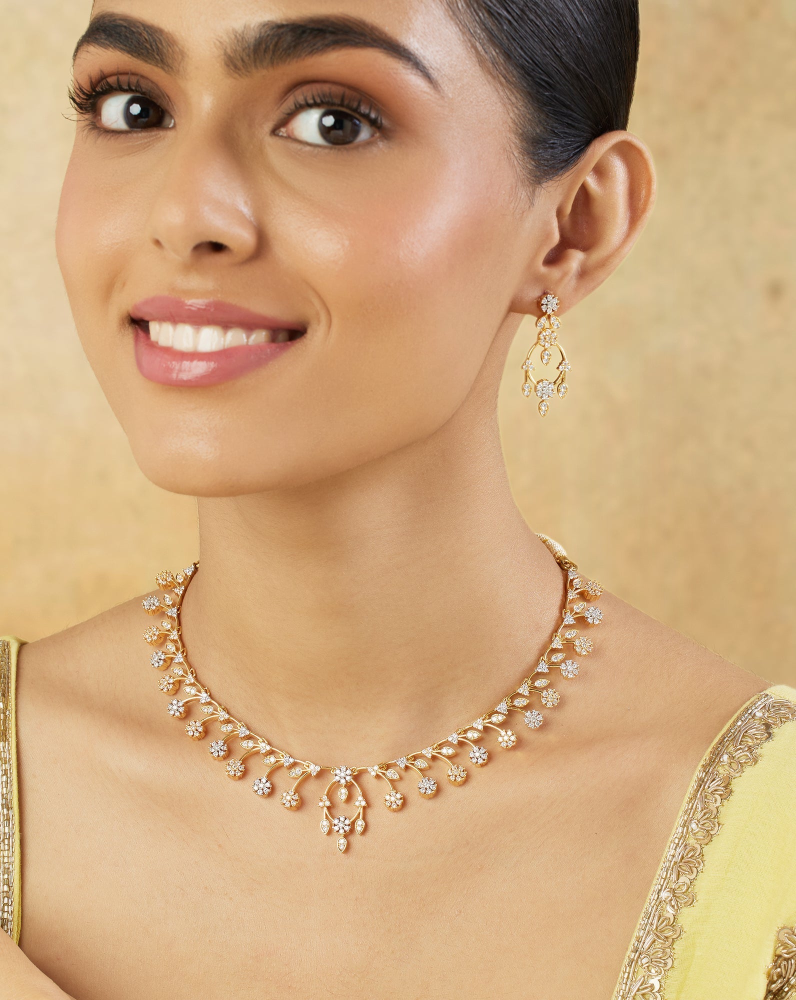 Floral Zircon Gold Necklace Set