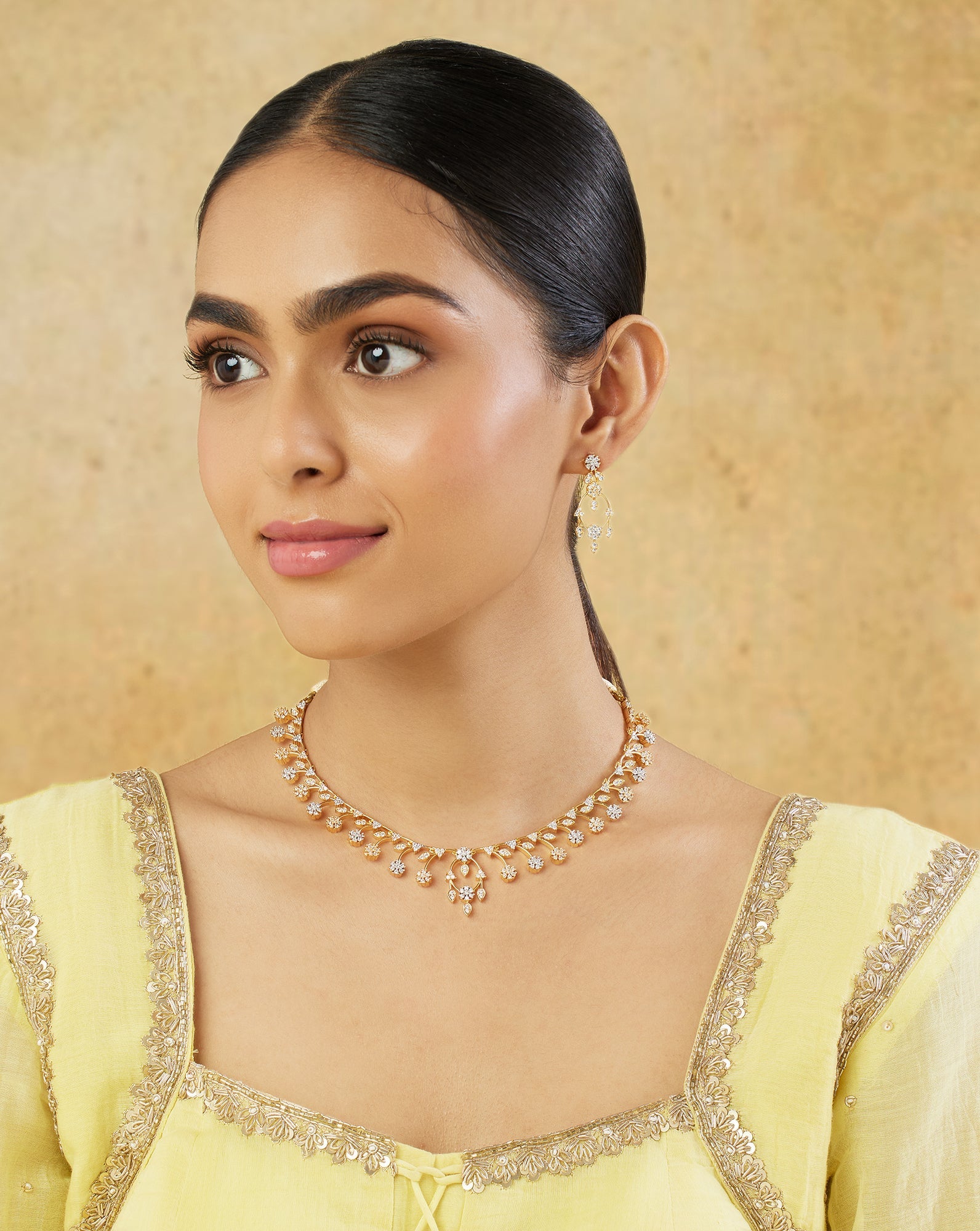 Floral Zircon Gold Necklace Set