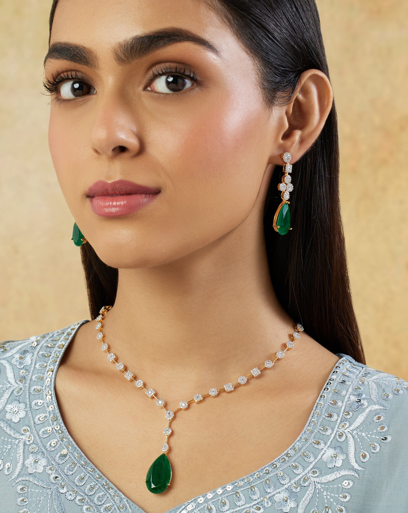 Emerald Zircon Gold Necklace Set