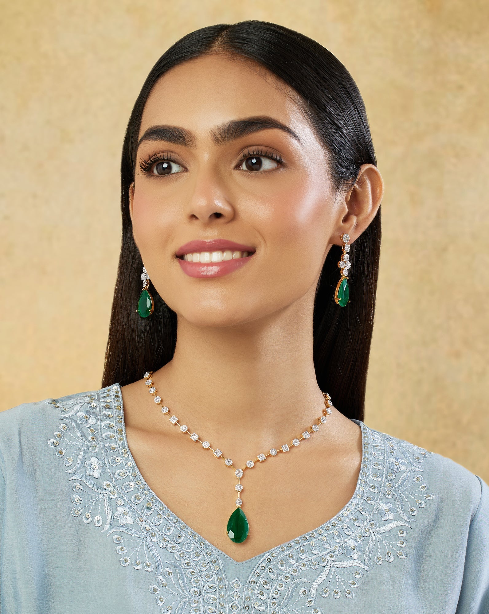 Emerald Zircon Gold Necklace Set