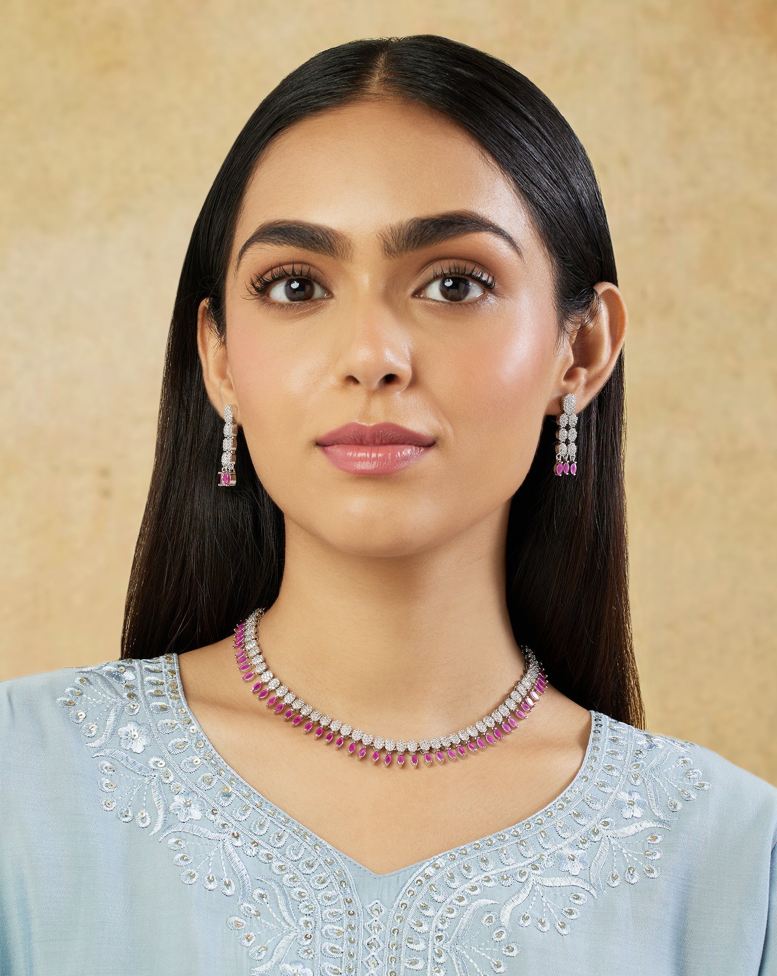 Ruby Zircon Silver Necklace Set